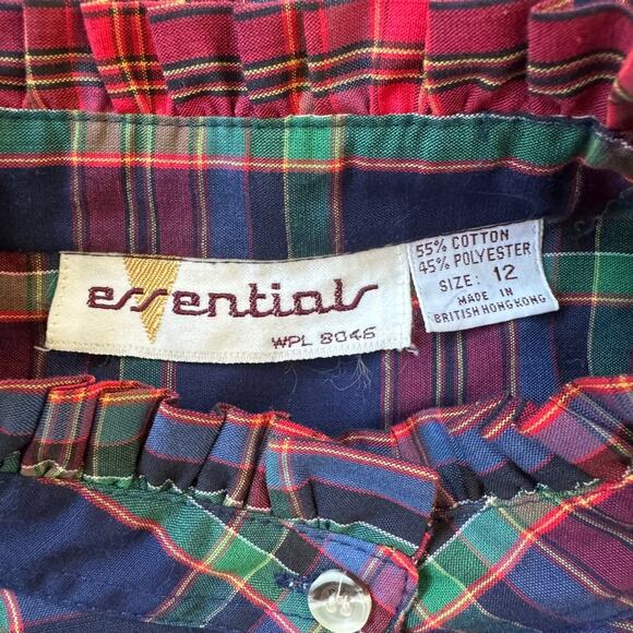 Vintage ‘80s Essentials Plaid Ruffled Half Collar Long Sleeve Button Down Blouse - Picture 5 of 6